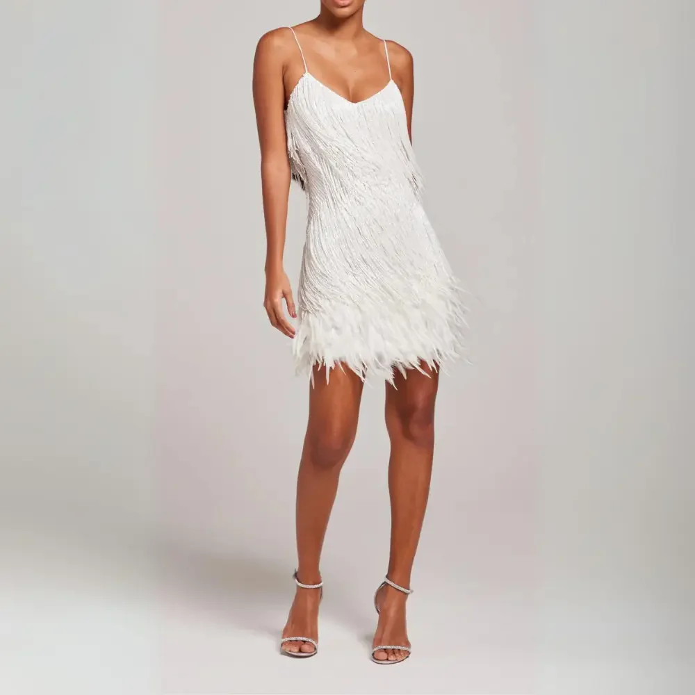 Aimee | Women’s Sequin Mini Party Dress with Feather Accents - Image 6