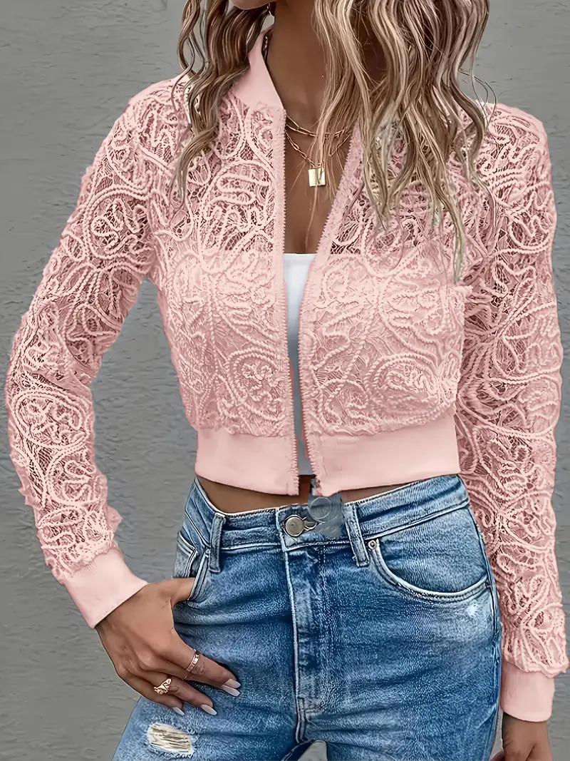 Claire | Women’s Spring Lace Bomber Jacket with Zip Front - Image 11