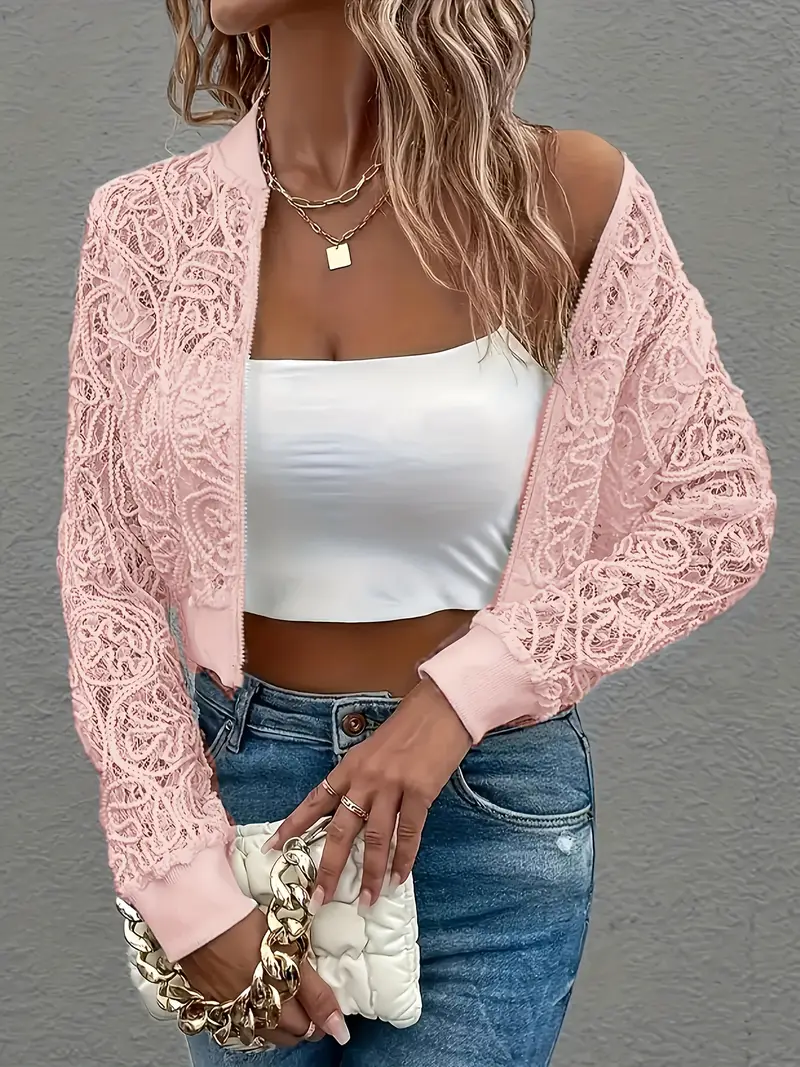 Claire | Women’s Spring Lace Bomber Jacket with Zip Front - Image 12