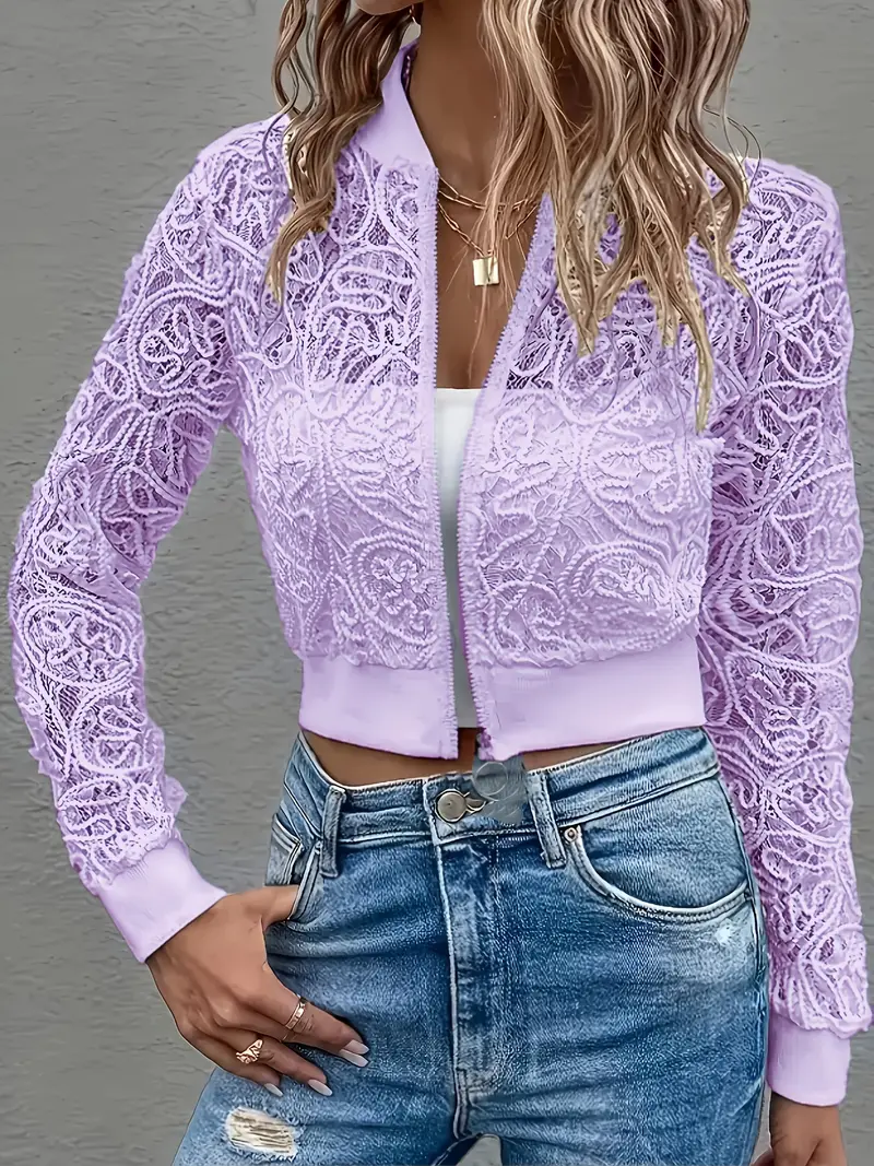 Claire | Women’s Spring Lace Bomber Jacket with Zip Front - Image 15