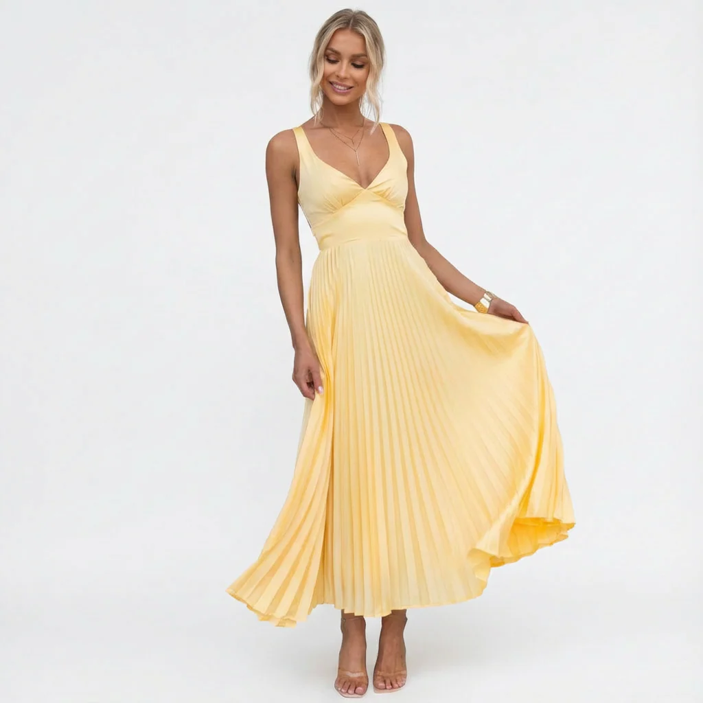 Clara | Women’s Pleated Midi Wedding Guest Dress with V-Neck - Image 4