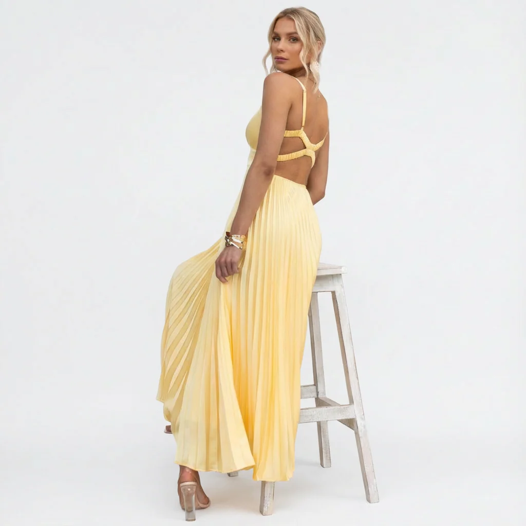 Clara | Women’s Pleated Midi Wedding Guest Dress with V-Neck - Image 5