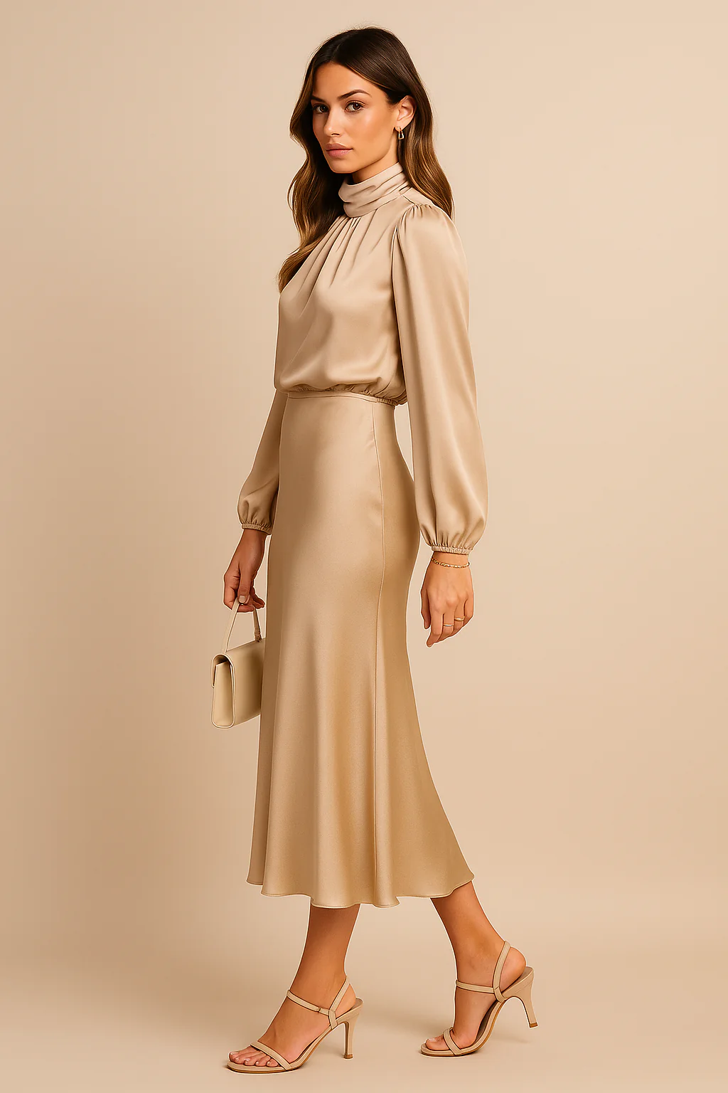 Edith | Women’s High Neck Midi Wedding Guest Dress with Long Sleeves - Image 3