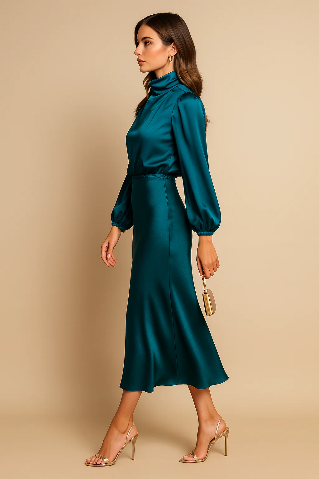 Edith | Women’s High Neck Midi Wedding Guest Dress with Long Sleeves - Image 6