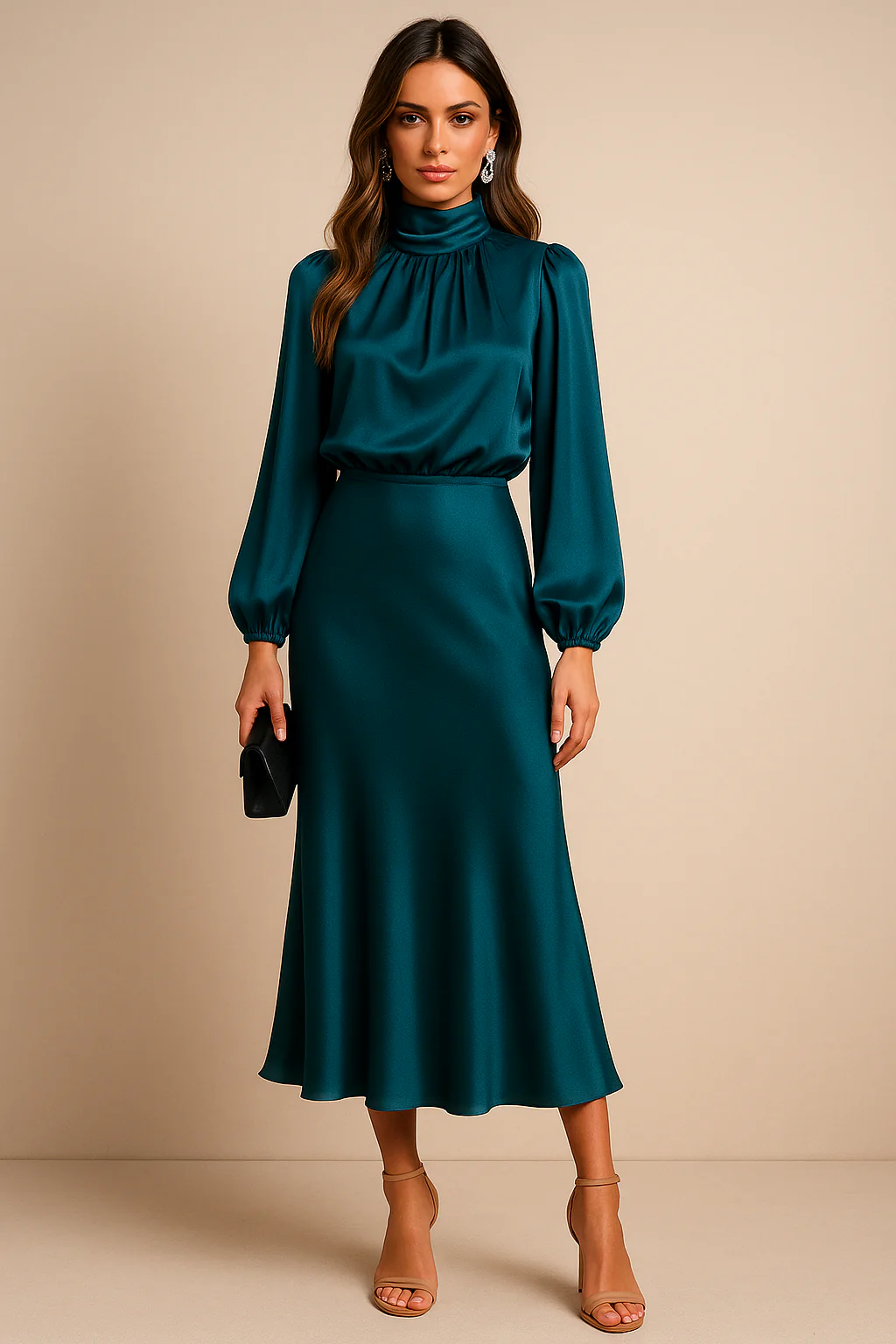 Edith | Women’s High Neck Midi Wedding Guest Dress with Long Sleeves - Image 7