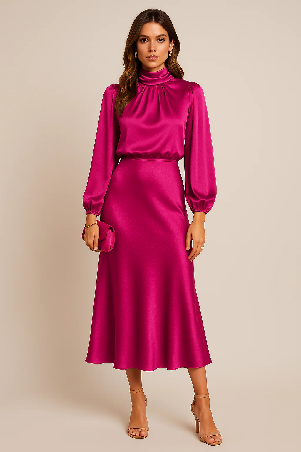Edith | Women’s High Neck Midi Wedding Guest Dress with Long Sleeves - Image 8