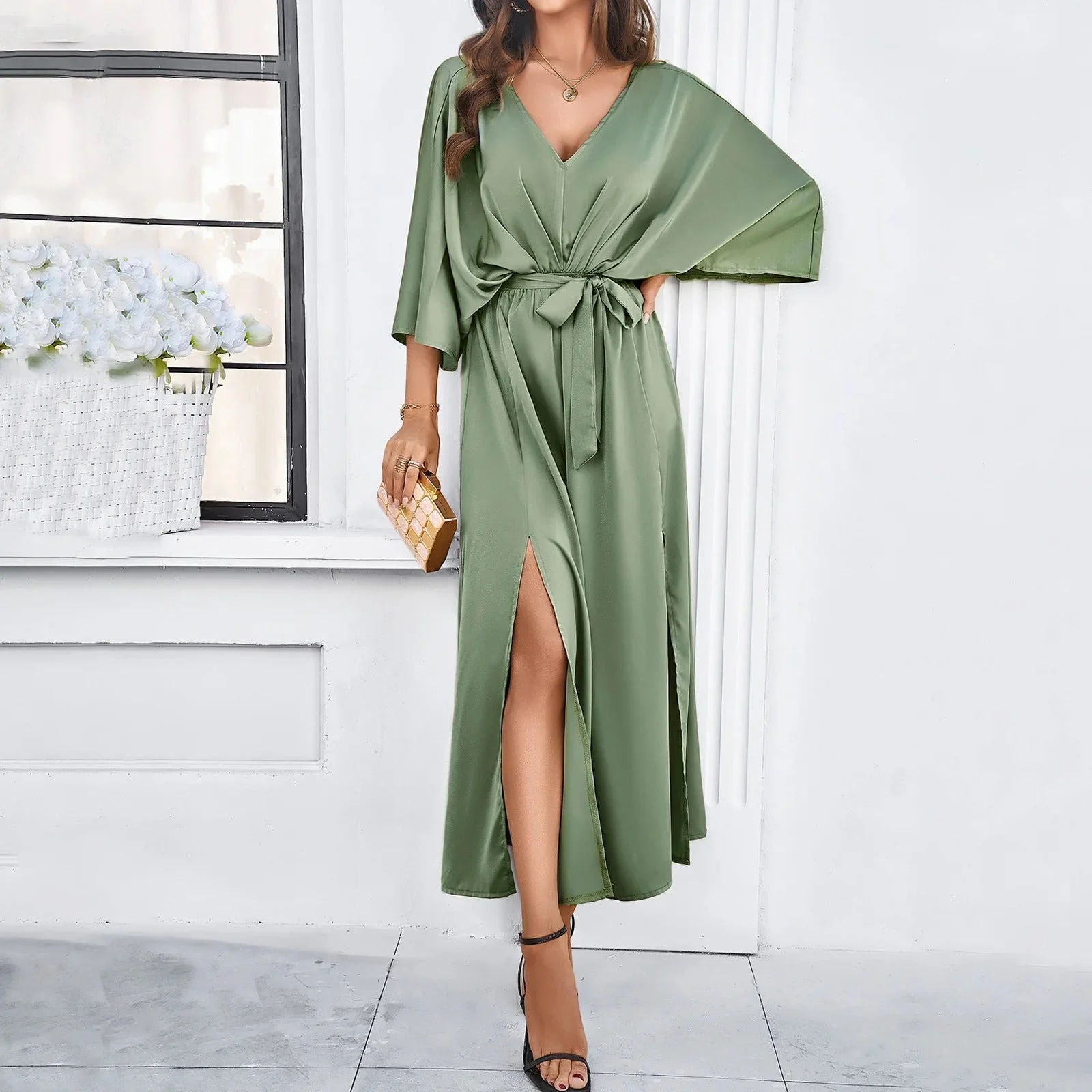 Ella | Women’s Trendy Midi Wedding Guest Dress with Waist Tie - Image 2
