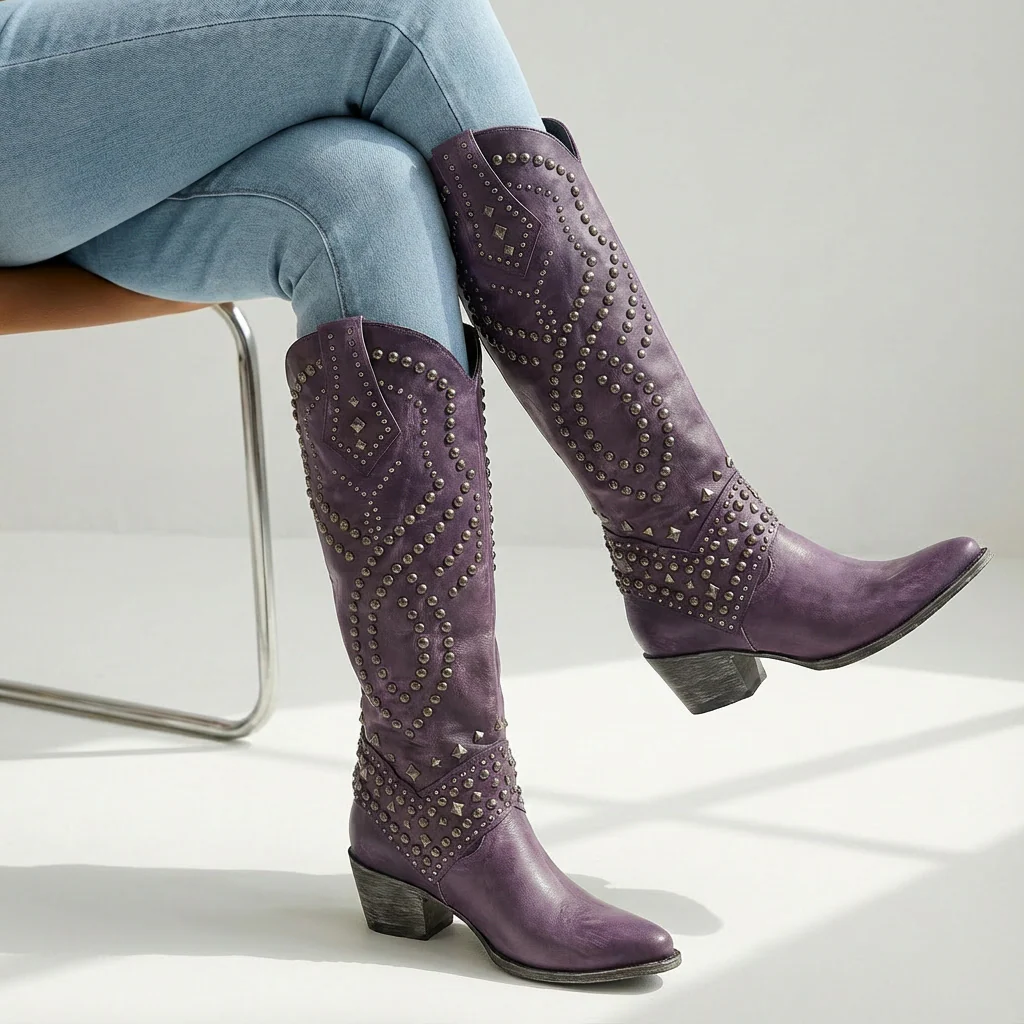 Ellie | Women’s Stylish Knee-High Cowboy Boots with Studded Shaft - Image 4