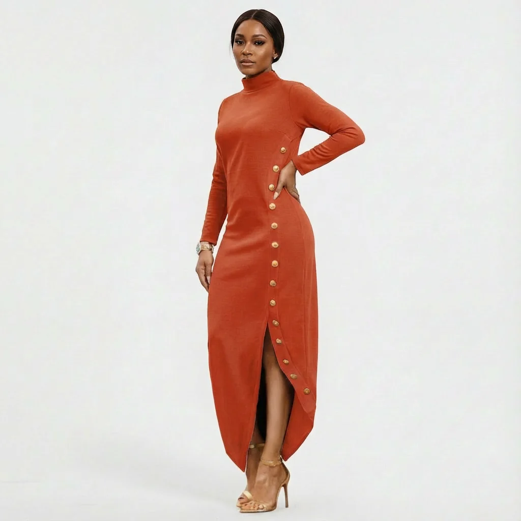 Elsie | Women’s Maxi High-Neck Evening Dress with Gold Button Slit - Image 4