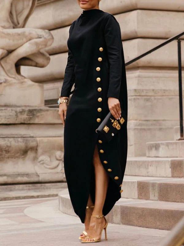 Elsie | Women’s Maxi High-Neck Evening Dress with Gold Button Slit - Image 5