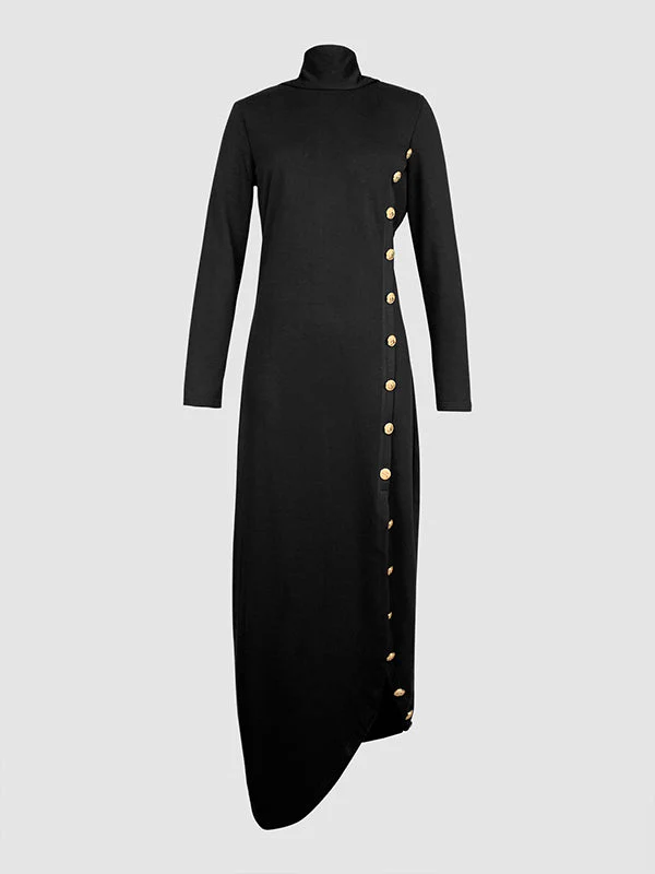 Elsie | Women’s Maxi High-Neck Evening Dress with Gold Button Slit - Image 6