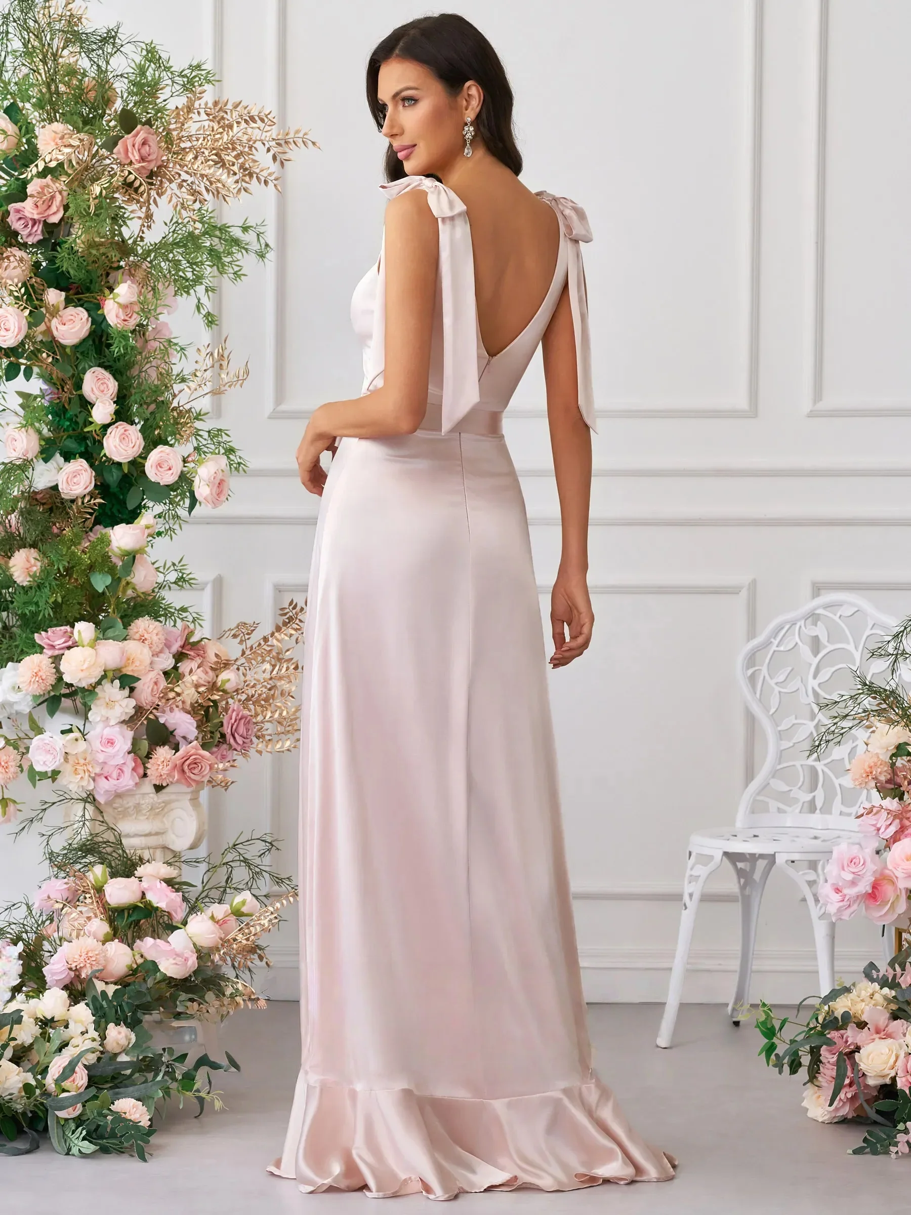 Heidi | Women’s Elegant Maxi Bridesmaid Dress with Bow Straps - Image 3