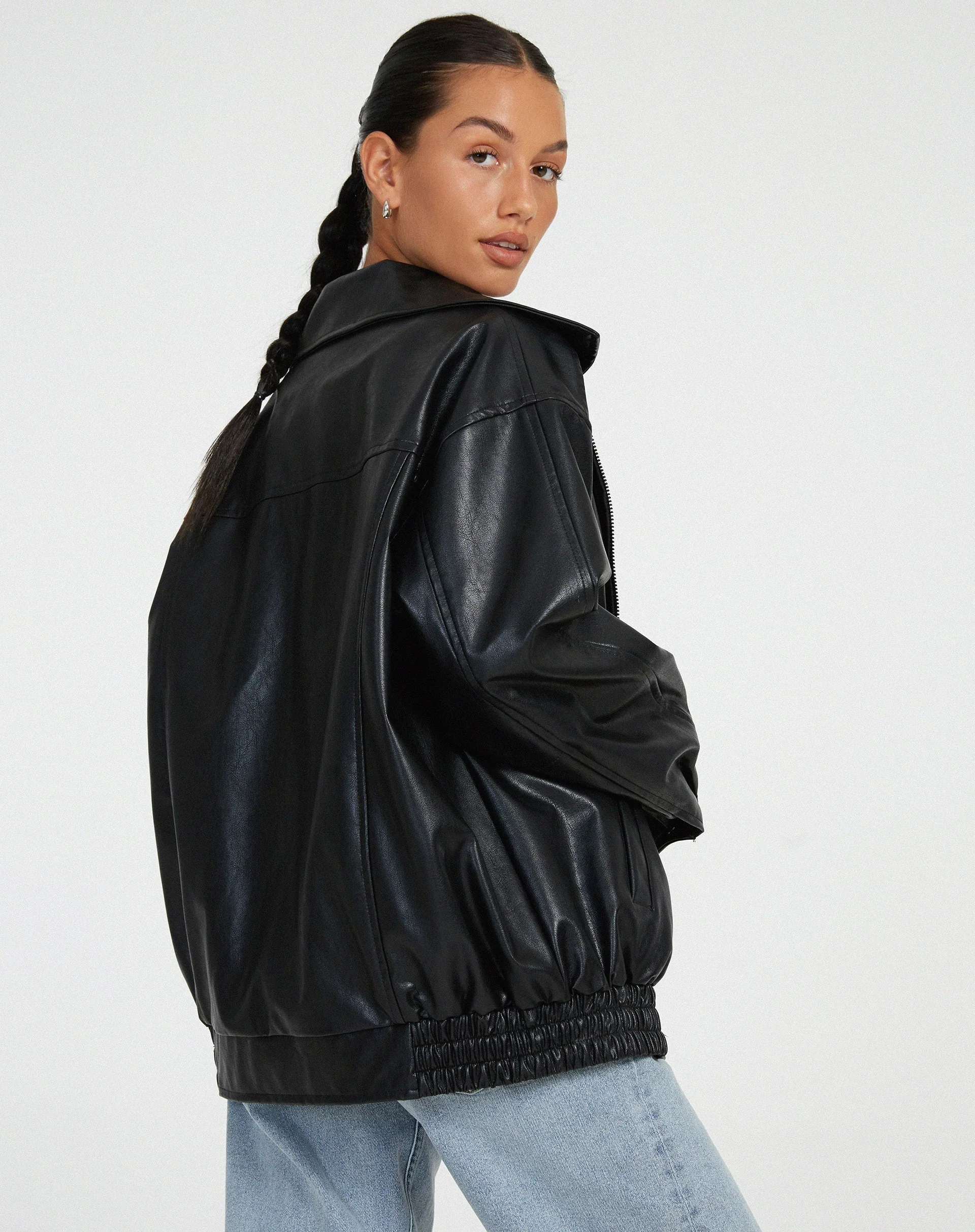 Holly | Women’s Oversized Leather Jacket with Elasticated Hem - Image 3