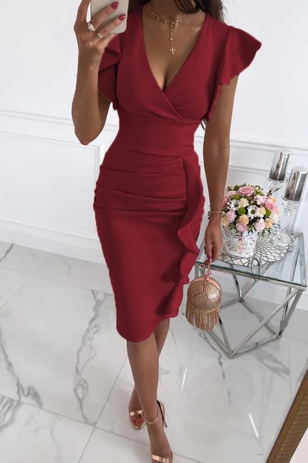 Kimberley | Women’s Elegant Midi Cocktail Dress with Ruched Skirt - Image 5
