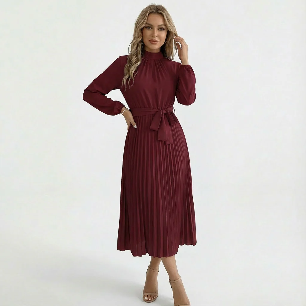 Layla | Women’s Midi Pleated Wedding Guest Dress with Waist Tie - Image 10