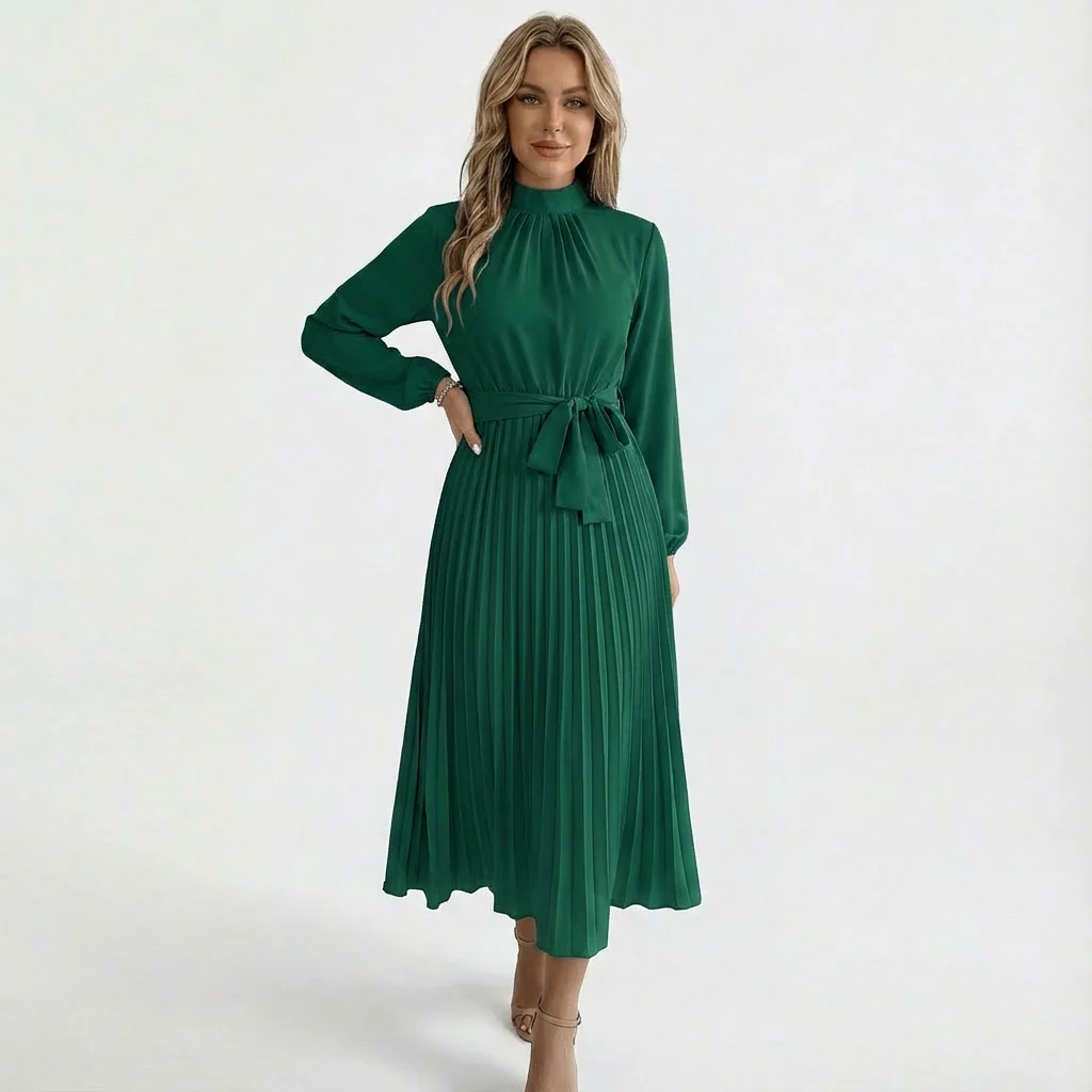 Layla | Women’s Midi Pleated Wedding Guest Dress with Waist Tie - Image 9