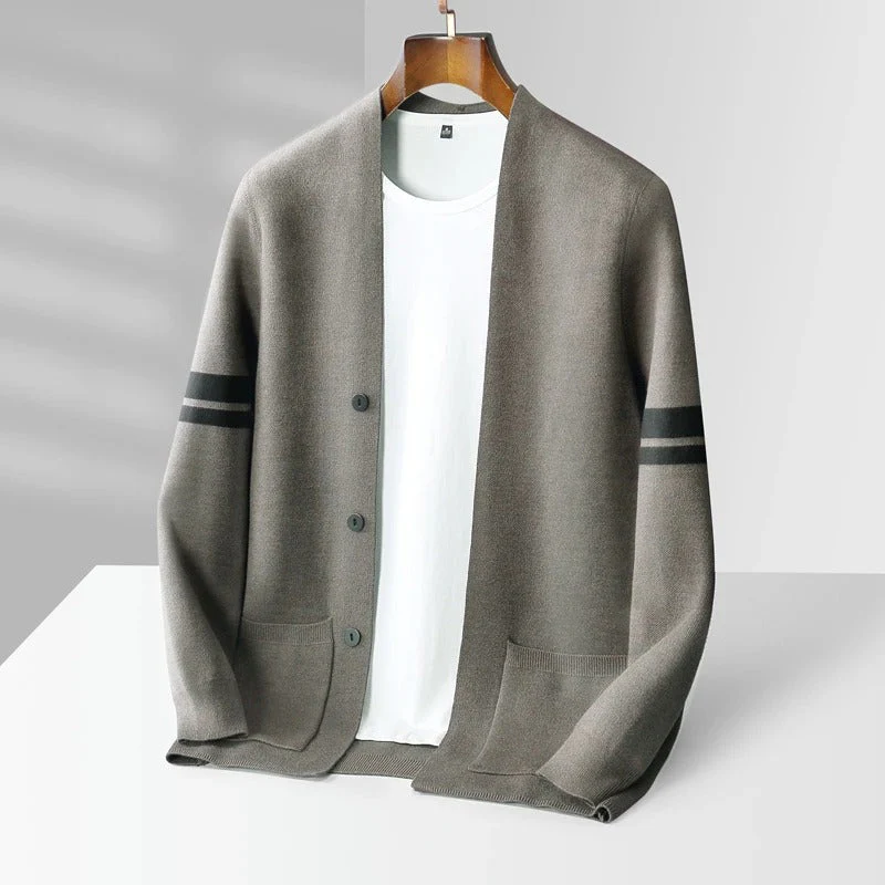 Liam | Men’s Classic Merino Cardigan with Stripe Sleeves - Image 11