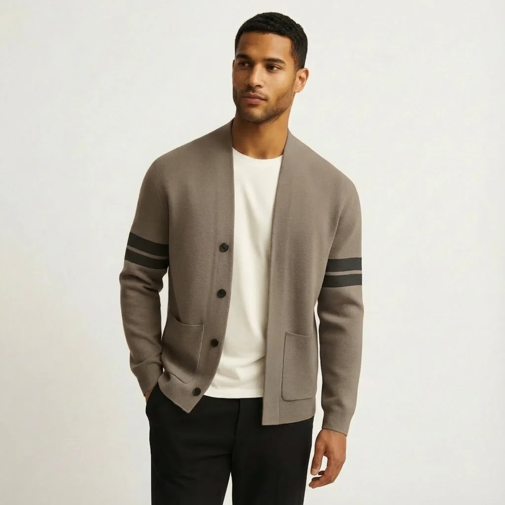 Liam | Men’s Classic Merino Cardigan with Stripe Sleeves - Image 12