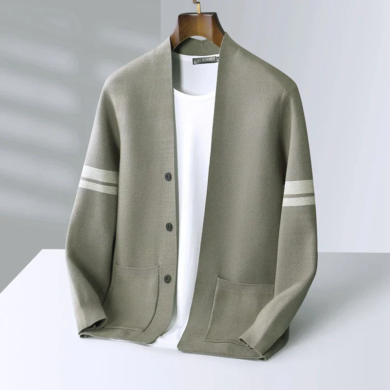 Liam | Men’s Classic Merino Cardigan with Stripe Sleeves - Image 13