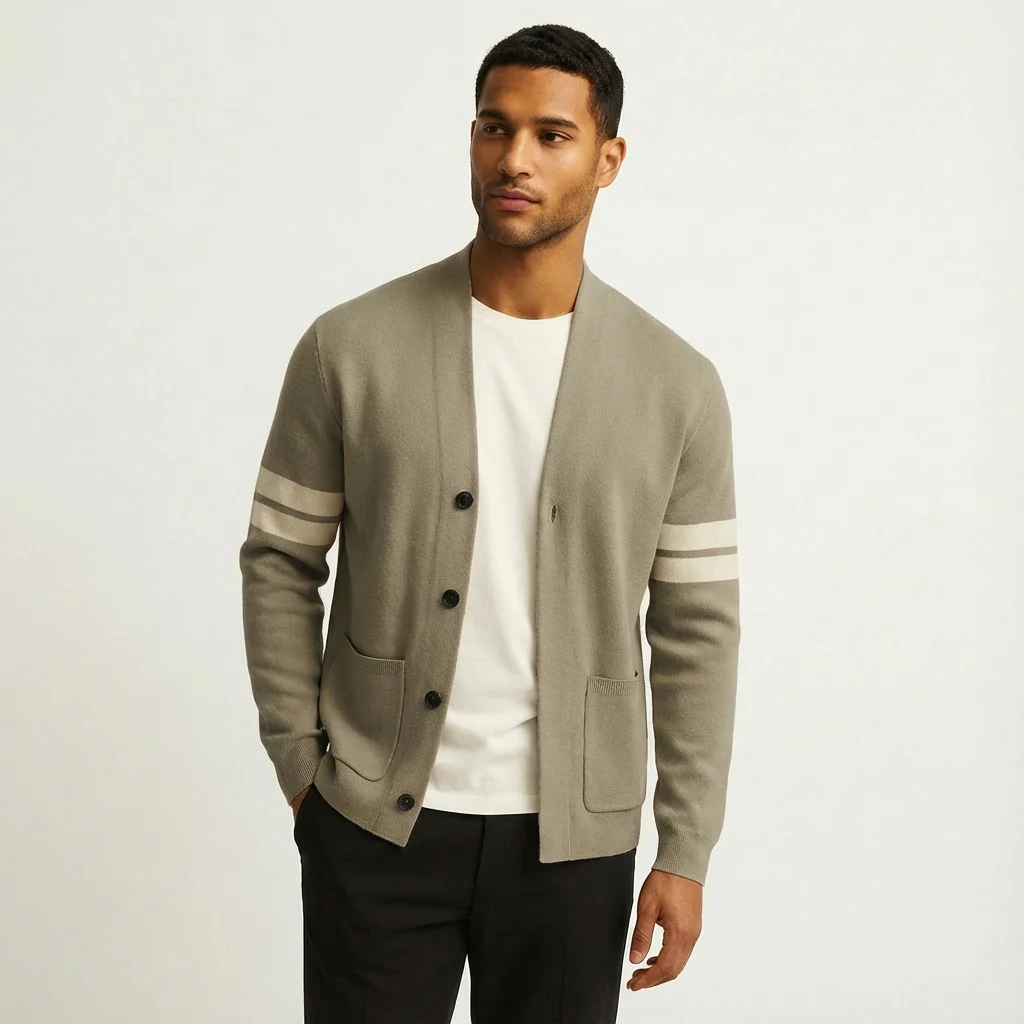 Liam | Men’s Classic Merino Cardigan with Stripe Sleeves - Image 14