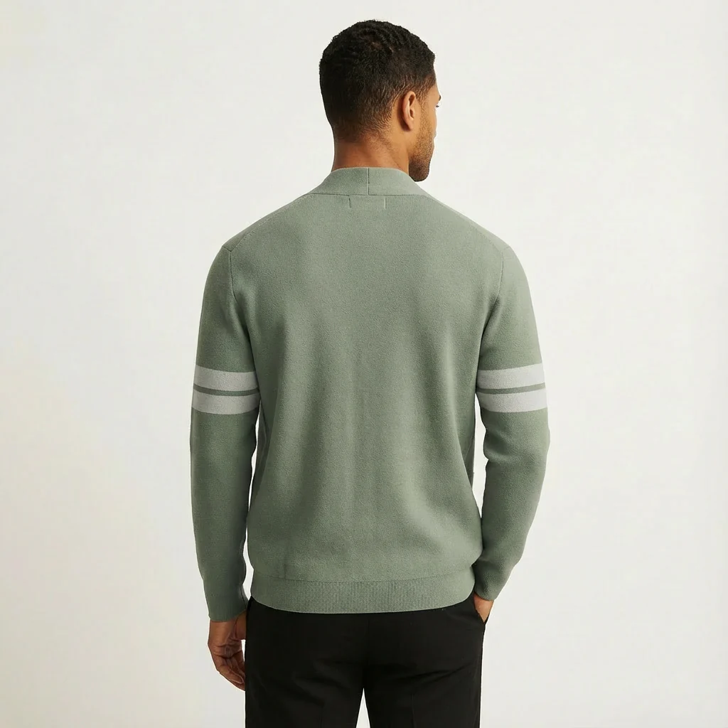 Liam | Men’s Classic Merino Cardigan with Stripe Sleeves - Image 3