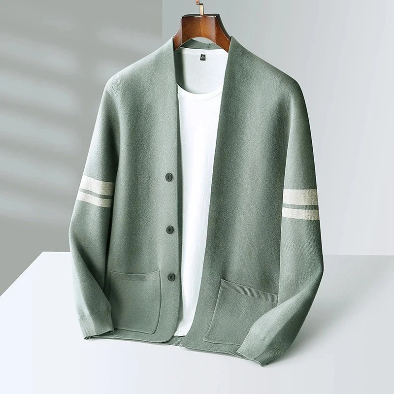 Liam | Men’s Classic Merino Cardigan with Stripe Sleeves - Image 4