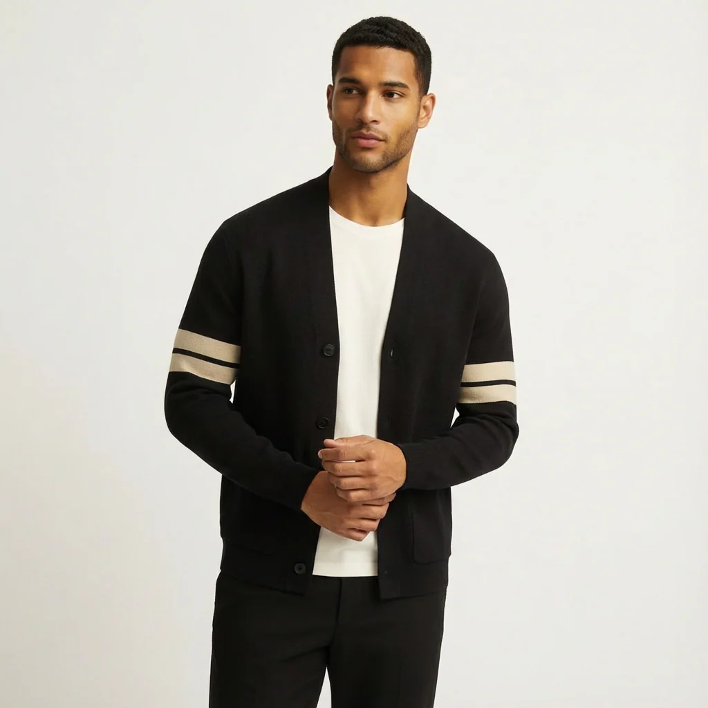 Liam | Men’s Classic Merino Cardigan with Stripe Sleeves - Image 7