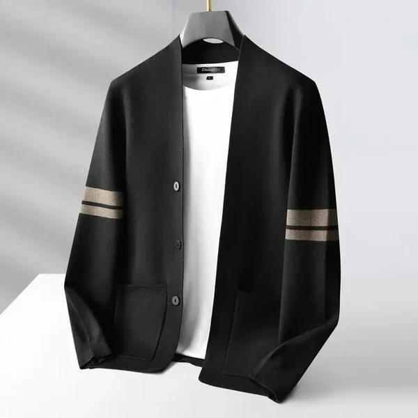 Liam | Men’s Classic Merino Cardigan with Stripe Sleeves - Image 8