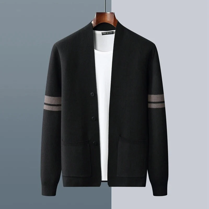 Liam | Men’s Classic Merino Cardigan with Stripe Sleeves - Image 9