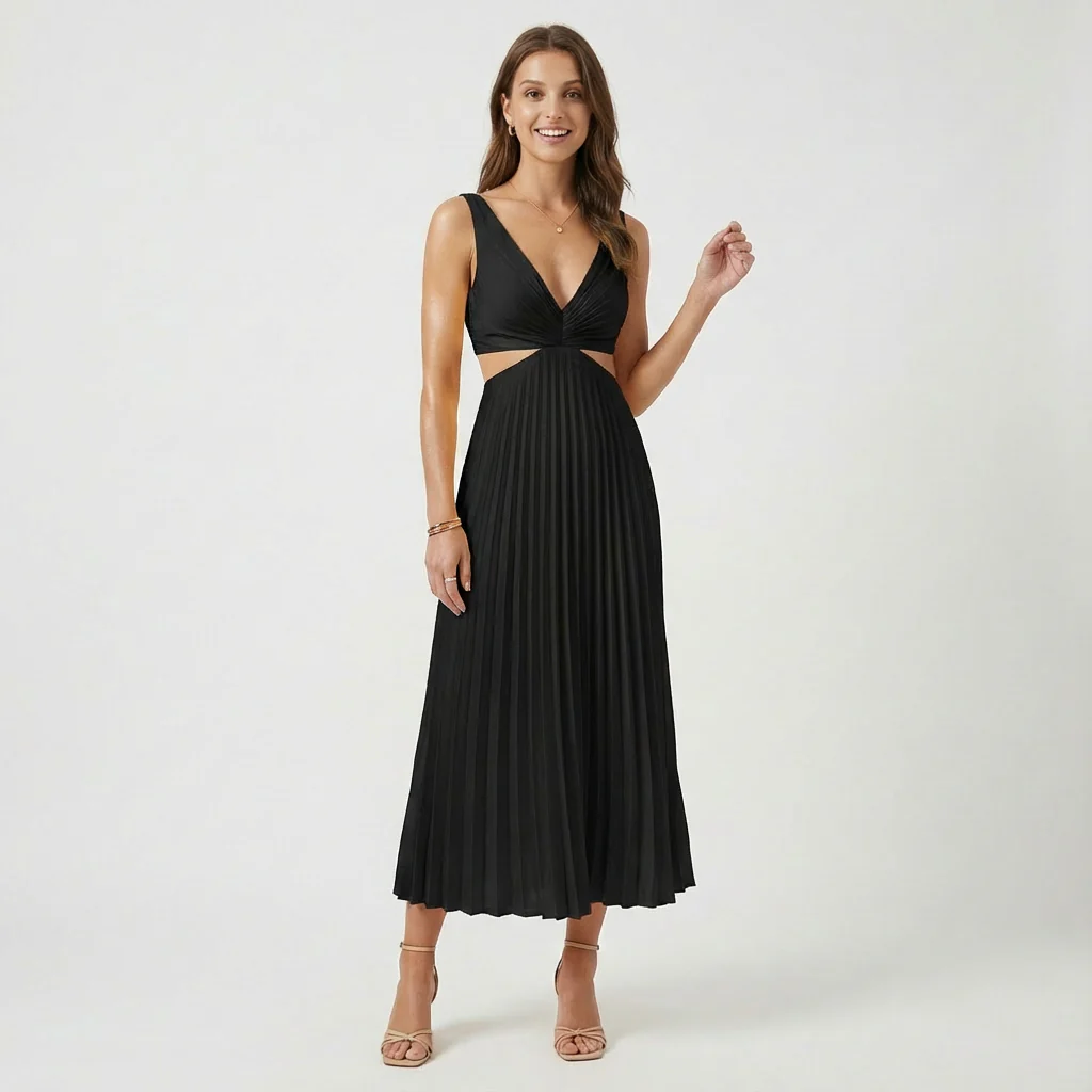 Lucy | Women’s Pleated Midi Wedding Guest Dress with Cut-Out Waist - Image 10