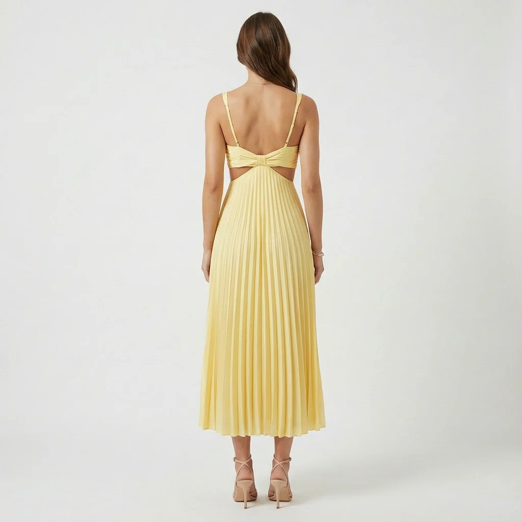 Lucy | Women’s Pleated Midi Wedding Guest Dress with Cut-Out Waist - Image 3