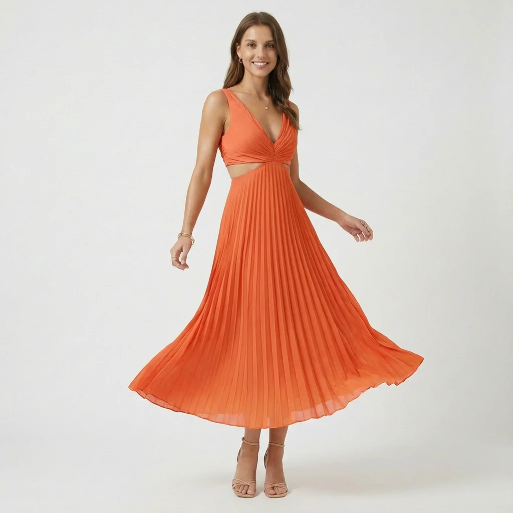 Lucy | Women’s Pleated Midi Wedding Guest Dress with Cut-Out Waist - Image 6