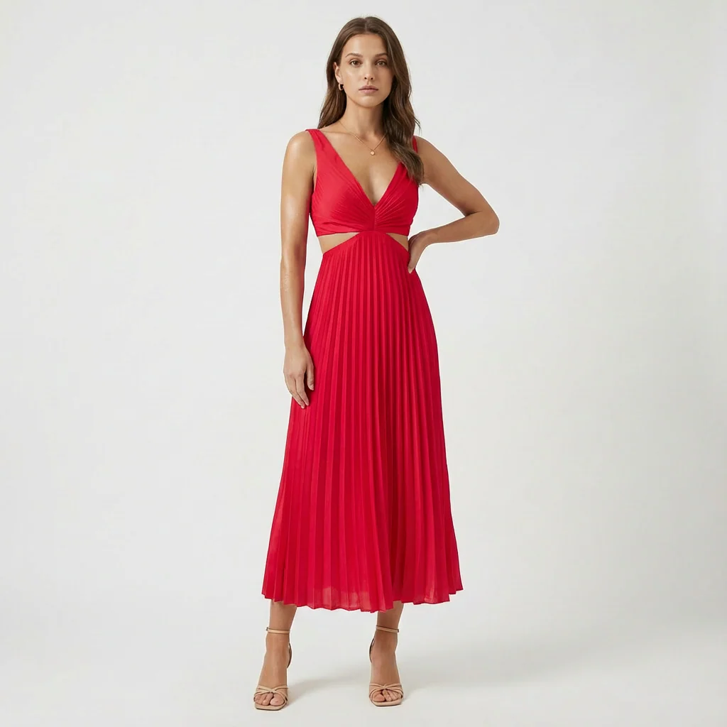Lucy | Women’s Pleated Midi Wedding Guest Dress with Cut-Out Waist - Image 7
