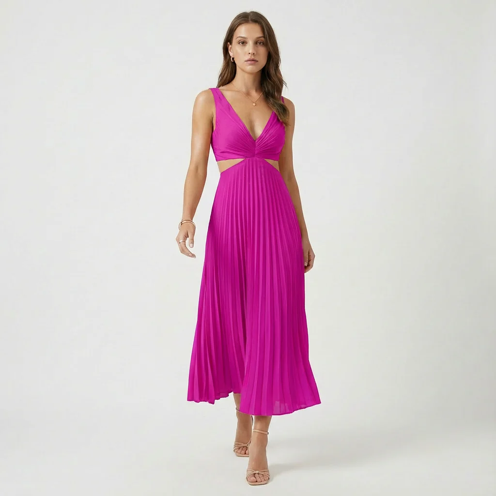 Lucy | Women’s Pleated Midi Wedding Guest Dress with Cut-Out Waist - Image 8