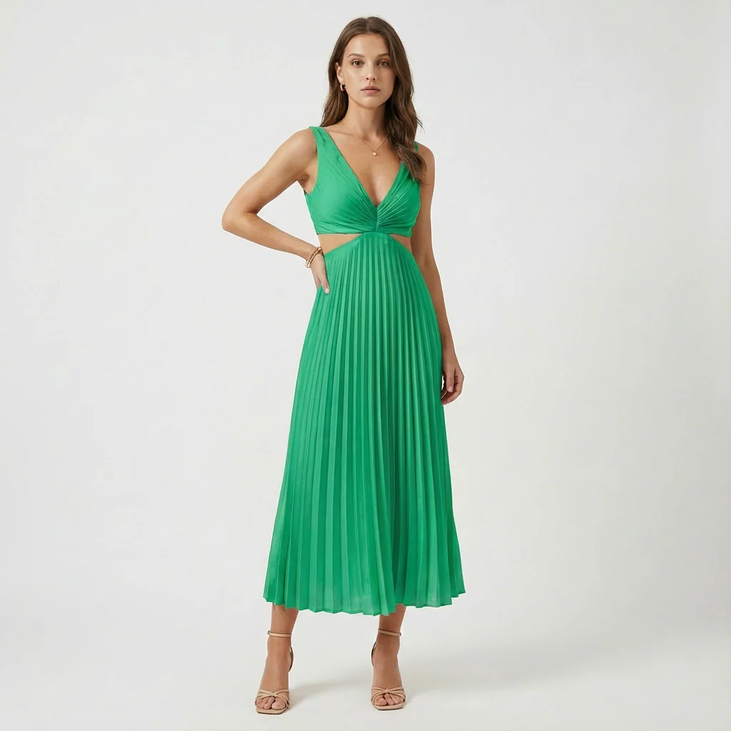 Lucy | Women’s Pleated Midi Wedding Guest Dress with Cut-Out Waist - Image 9