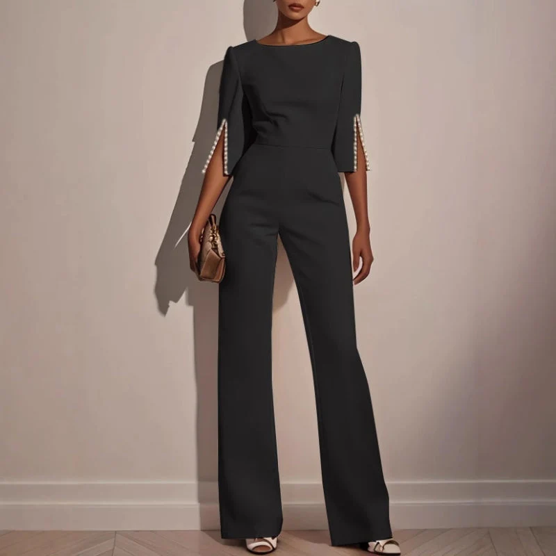 Maureen | Women’s Elegant Wide-Leg Jumpsuit with Pearl Trim - Image 3