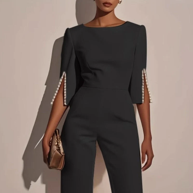 Maureen | Women’s Elegant Wide-Leg Jumpsuit with Pearl Trim - Image 4