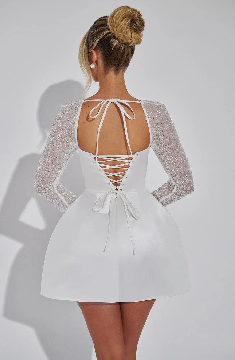Megan | Women’s Satin Mini Prom Dress with Lace Sleeves - Image 10