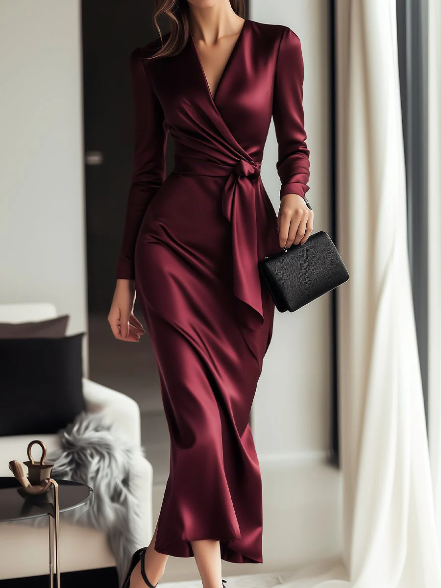 Mia | Women’s Shiny Midi Wedding Guest Dress with Waist Tie
