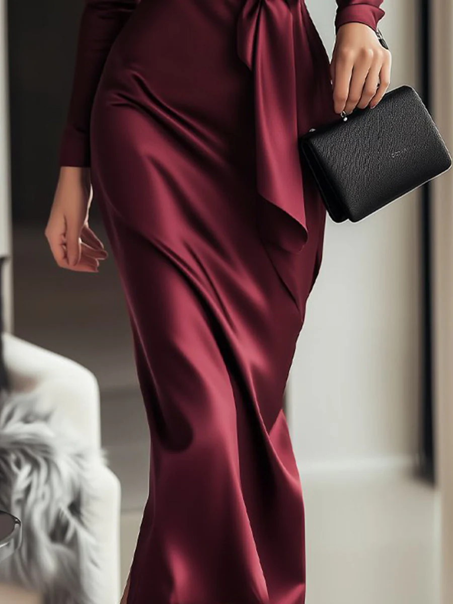 Mia | Women’s Shiny Midi Wedding Guest Dress with Waist Tie - Image 3