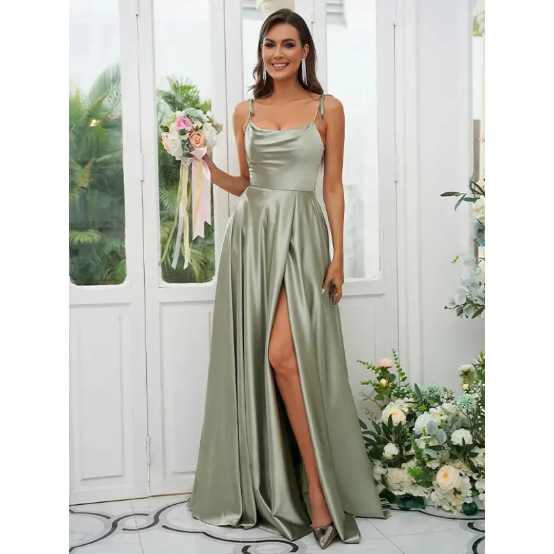 Olive | Women’s Elegant Maxi Bridesmaid Dress with Thigh Slit - Image 3