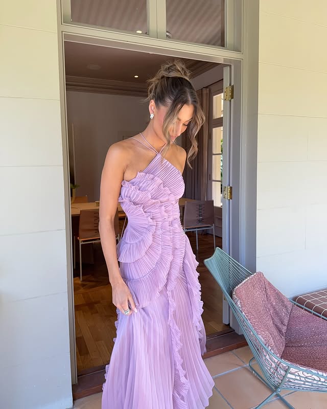 Skye | Women’s Pleated Maxi Wedding Guest Dress with Ruffle Trim - Image 3