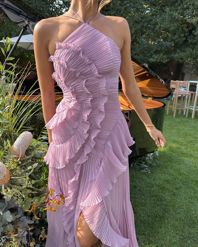 Skye | Women’s Pleated Maxi Wedding Guest Dress with Ruffle Trim - Image 4