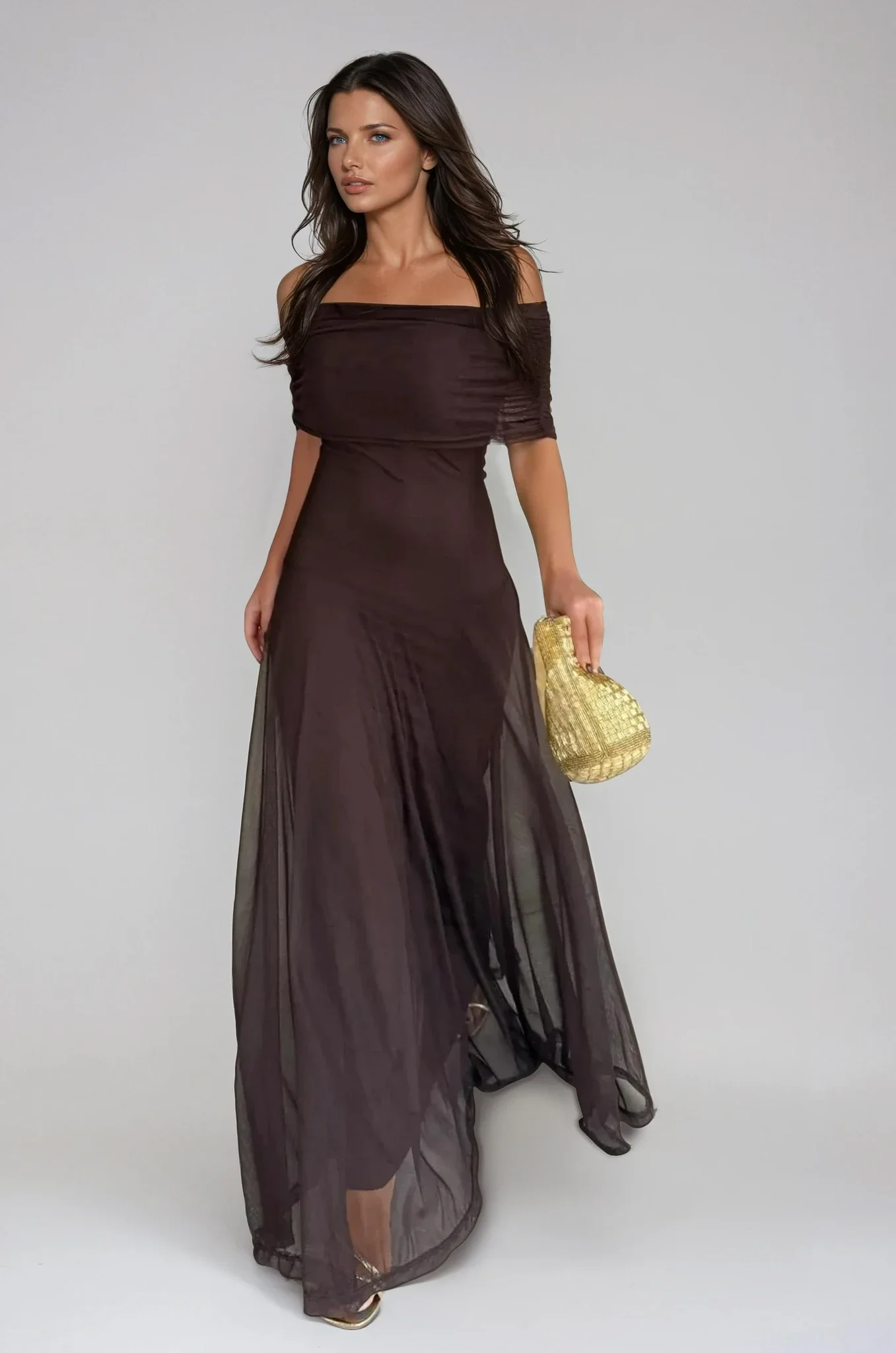 Tara | Women’s Stylish Maxi Wedding Guest Dress with Mesh Overlay