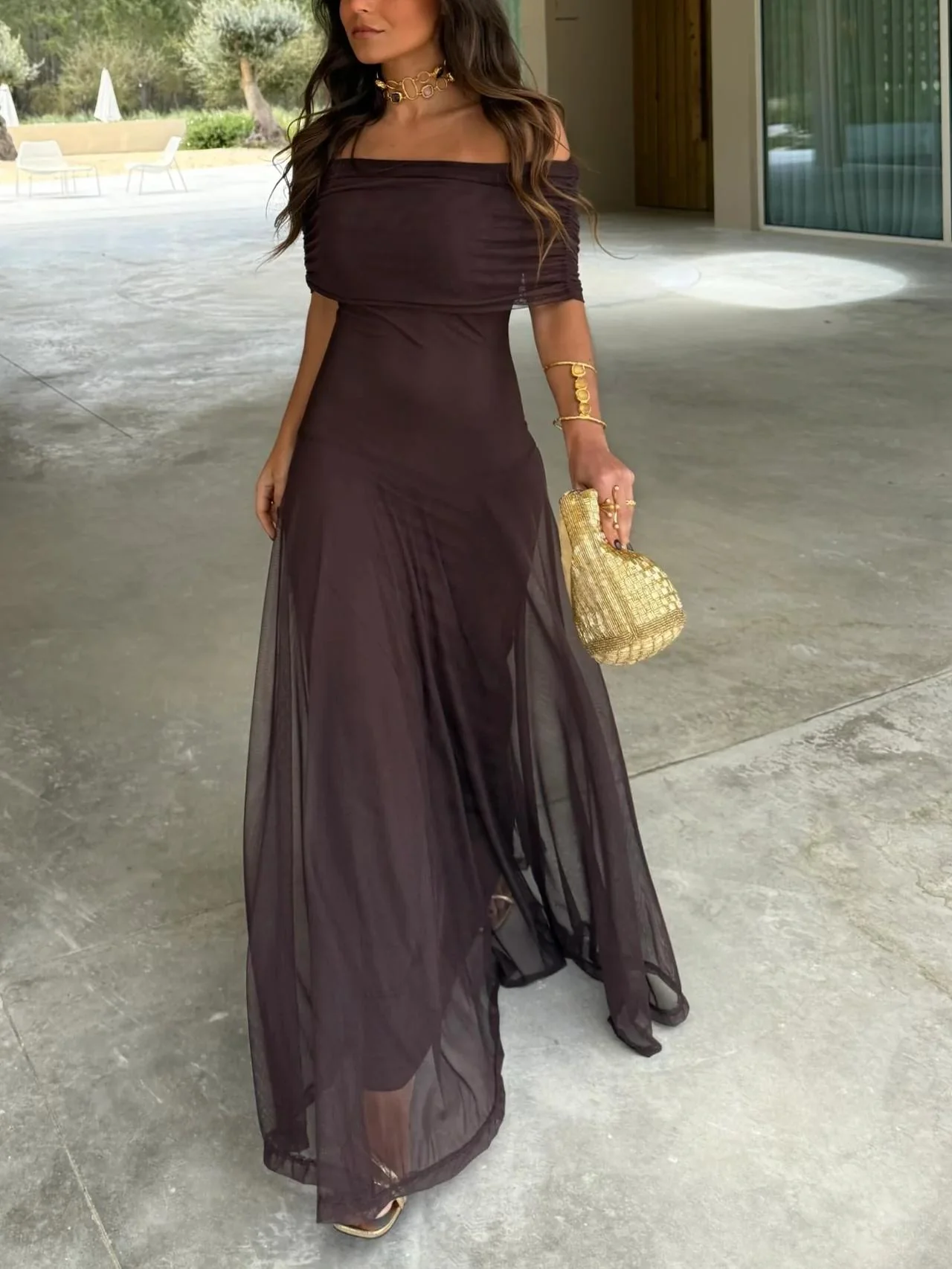 Tara | Women’s Stylish Maxi Wedding Guest Dress with Mesh Overlay - Image 2