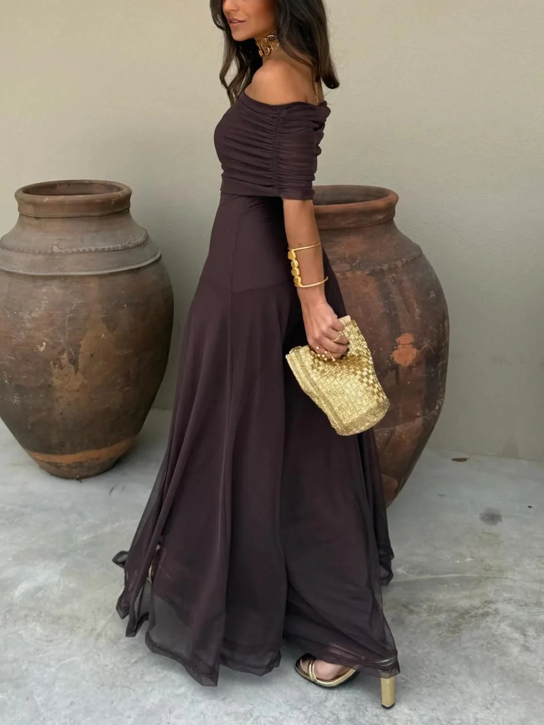 Tara | Women’s Stylish Maxi Wedding Guest Dress with Mesh Overlay - Image 3