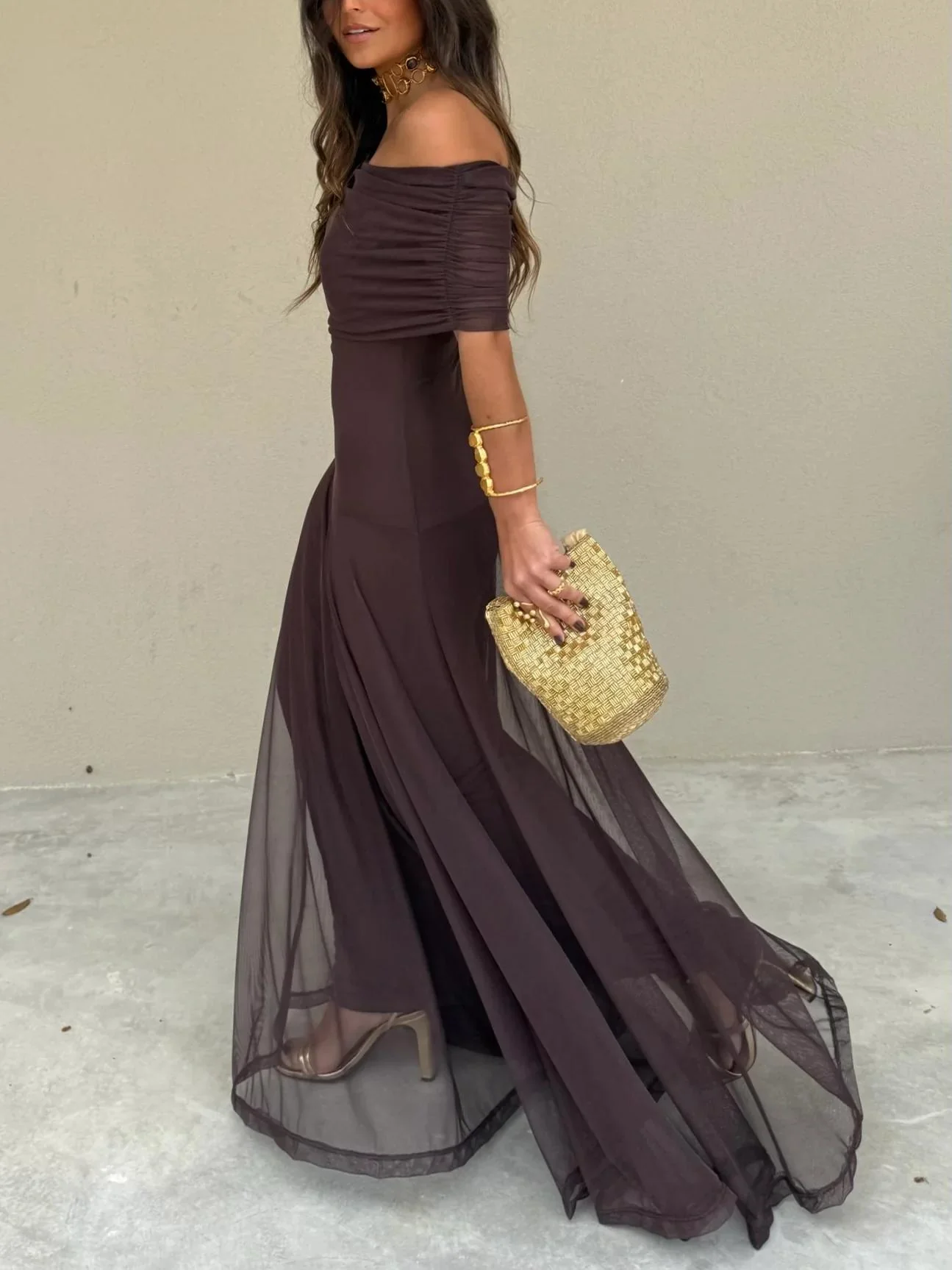 Tara | Women’s Stylish Maxi Wedding Guest Dress with Mesh Overlay - Image 4