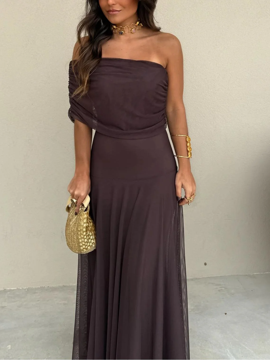Tara | Women’s Stylish Maxi Wedding Guest Dress with Mesh Overlay - Image 6