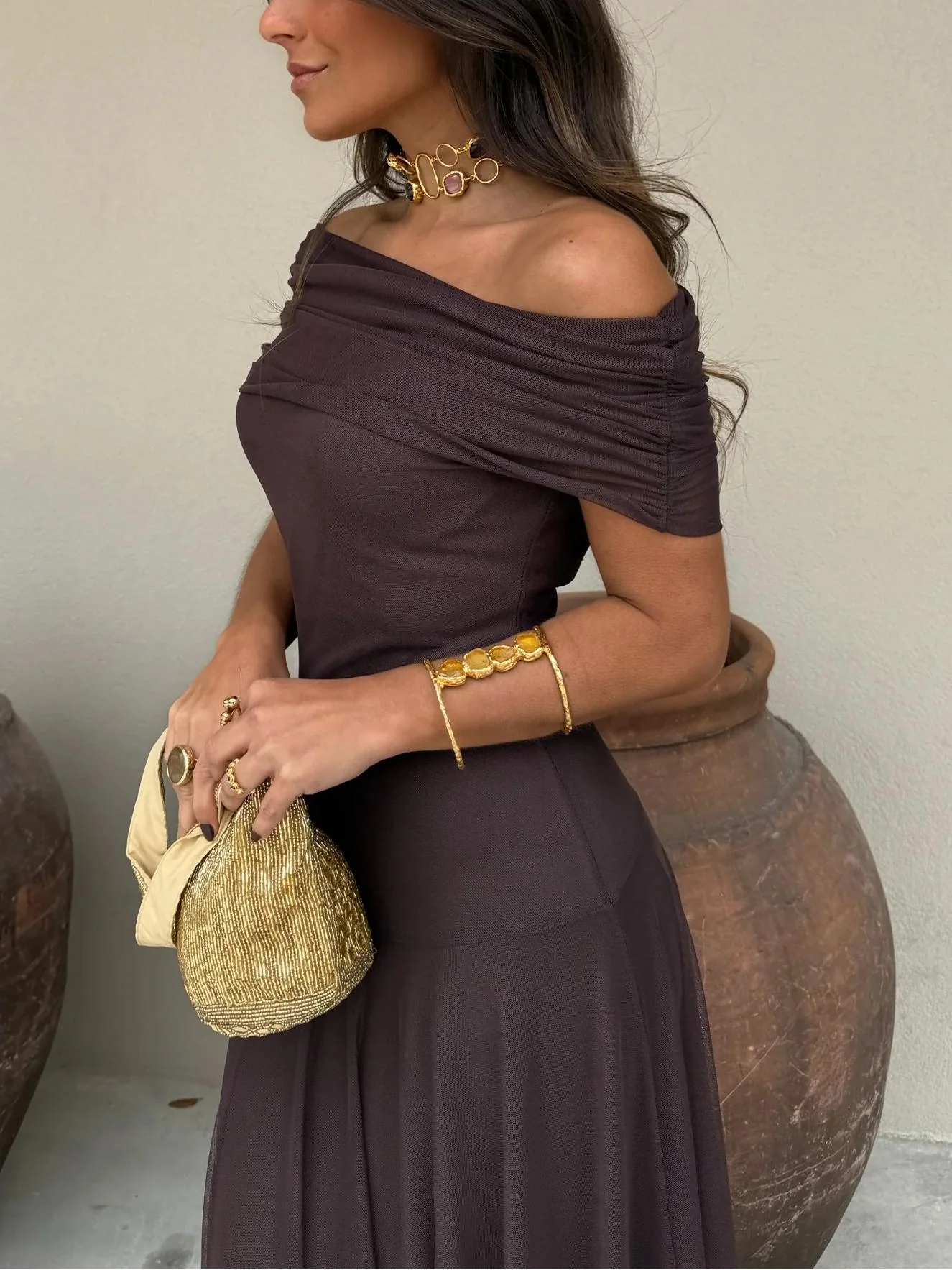 Tara | Women’s Stylish Maxi Wedding Guest Dress with Mesh Overlay - Image 8