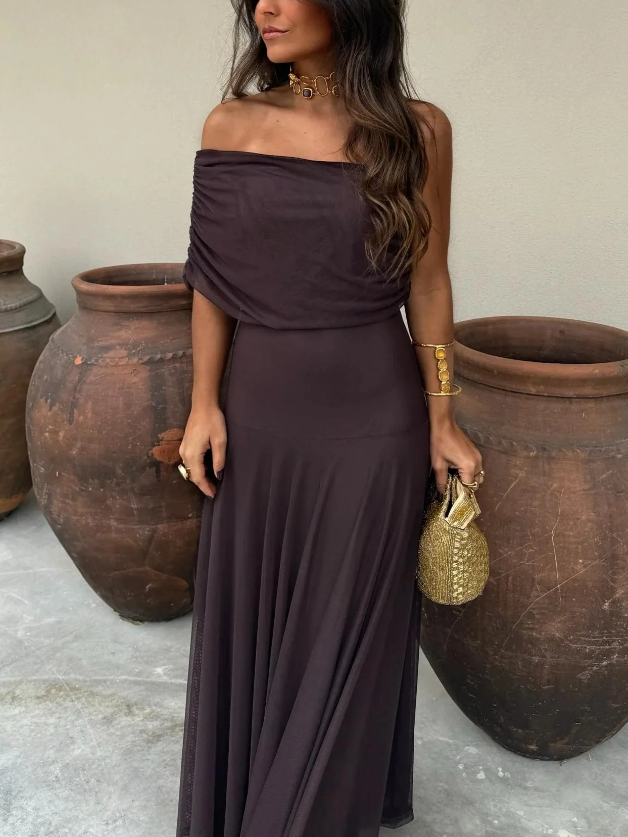 Tara | Women’s Stylish Maxi Wedding Guest Dress with Mesh Overlay - Image 9